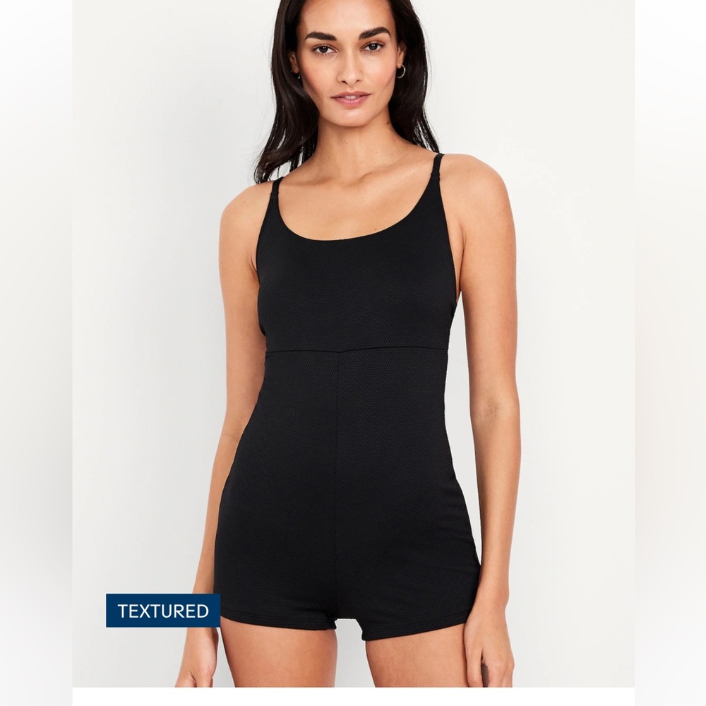 Black textured swim romper